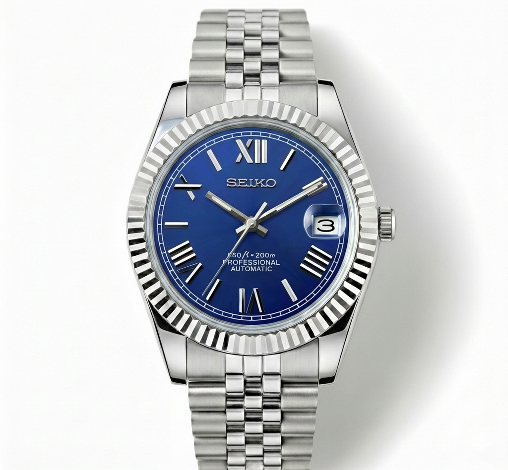 Custom NH35 Seiko Mod – Royal Blue Roman Numeral Dial – Jubilee Bracelet