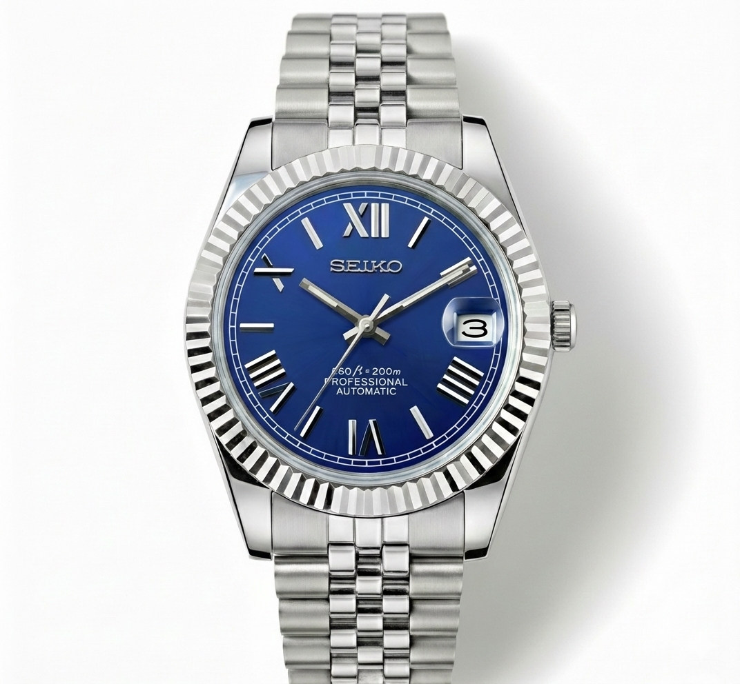 Custom NH35 Seiko Mod – Royal Blue Roman Numeral Dial – Jubilee Bracelet
