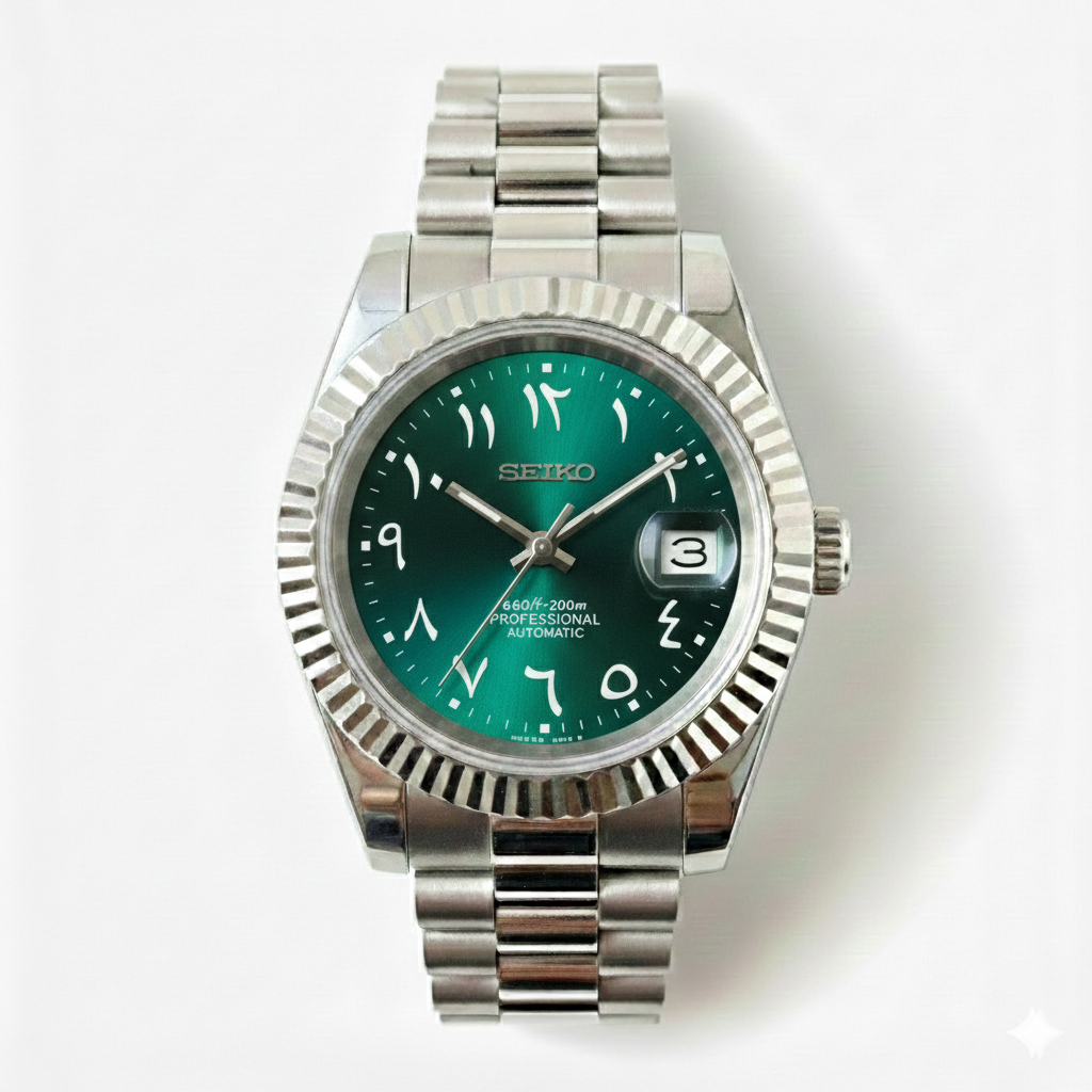Custom NH35 Seiko Mod – Emerald Green Arabic Dial – Presidential Bracelet