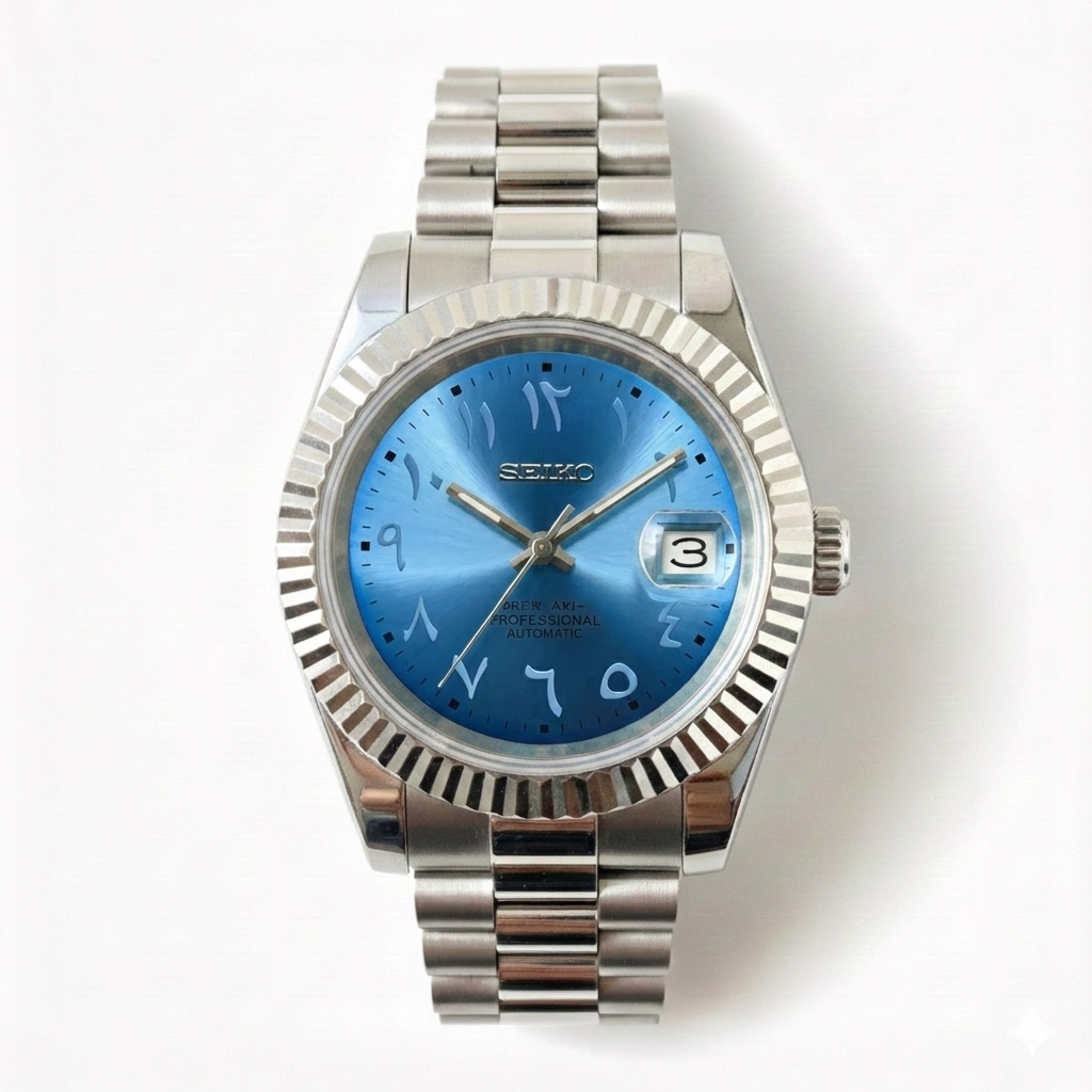 Custom NH35 Seiko Mod – Azure Blue Arabic Dial – Presidential Bracelet