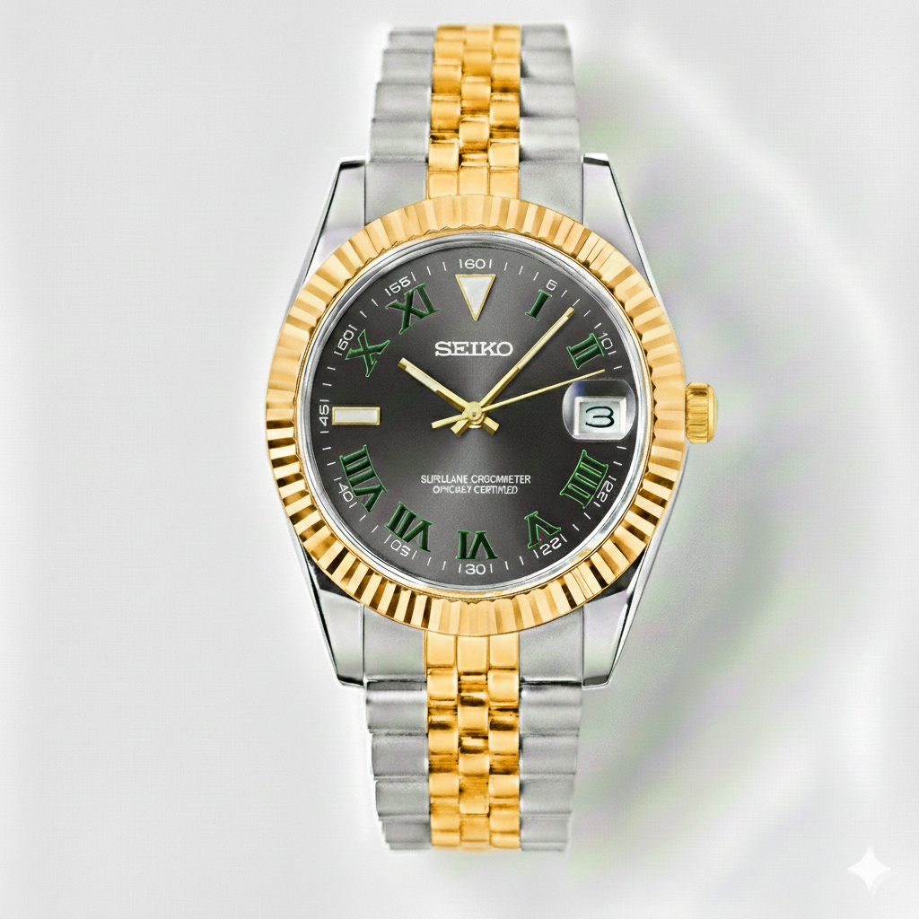 Custom NH35 Seiko Mod – Grey Dial With Dark Green Roman Numerals – Two Tone Jubilee Bracelet