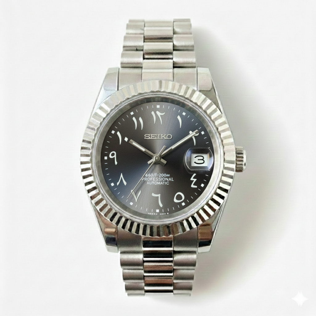 Custom NH35 Seiko Mod – Black Arabic Dial – Presidential Bracelet