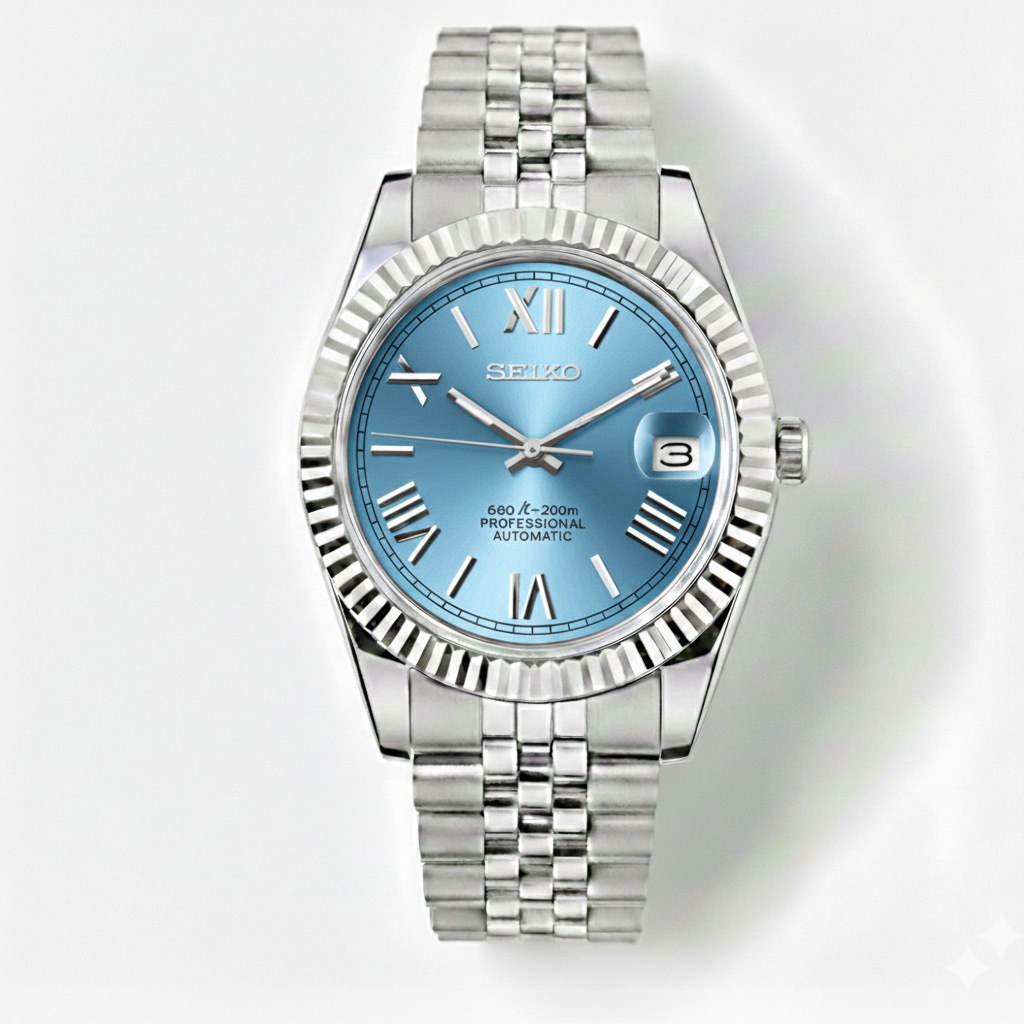 Custom NH35 Seiko Mod – Azure Blue Roman Numeral Dial – Jubilee Bracelet