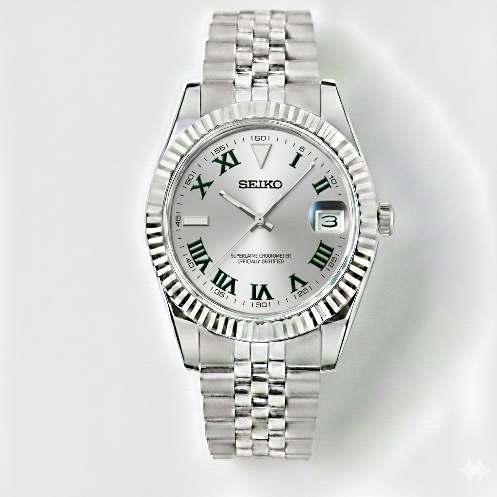 Custom NH35 Seiko Mod – Silvery White Dial With Green Roman Numerals – Jubilee Bracelet