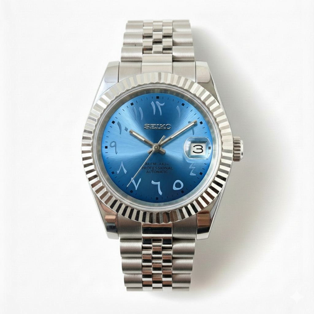 Custom NH35 Seiko Mod – Azure Blue Arabic Dial – Jubilee Bracelet
