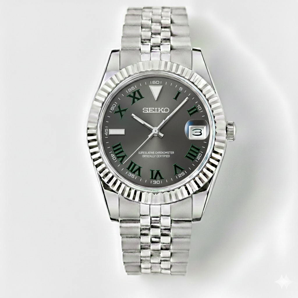 Custom NH35 Seiko Mod – Grey Dial With Dark Green Roman Numerals – Jubilee Bracelet