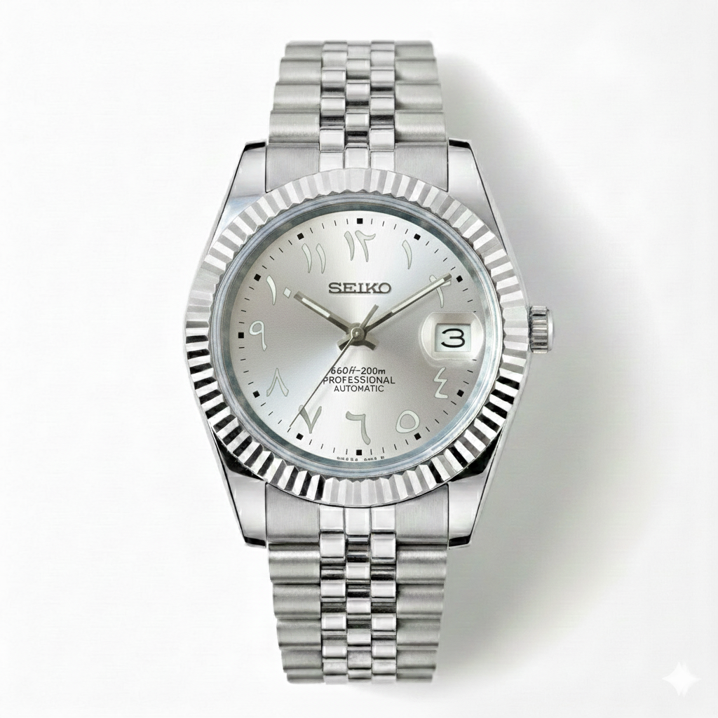 Custom NH35 Seiko Mod – Silvery White Arabic Dial – Jubilee Bracelet