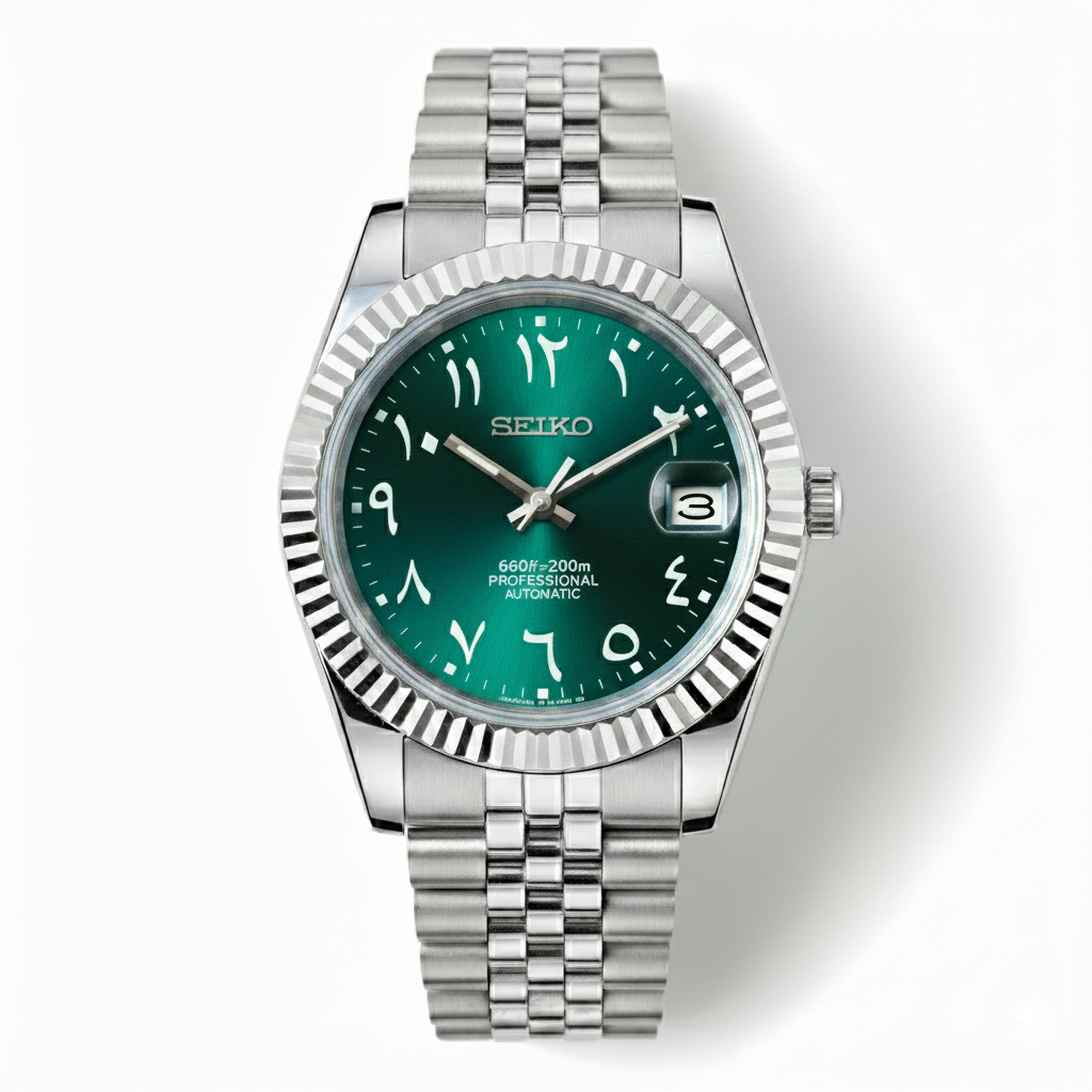 Custom NH35 Seiko Mod – Emerald Green Arabic Dial – Jubilee Bracelet