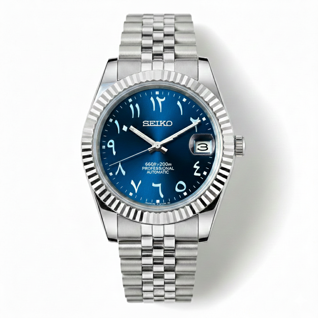 Custom NH35 Seiko Mod – Royal Blue Arabic Dial – Jubilee Bracelet