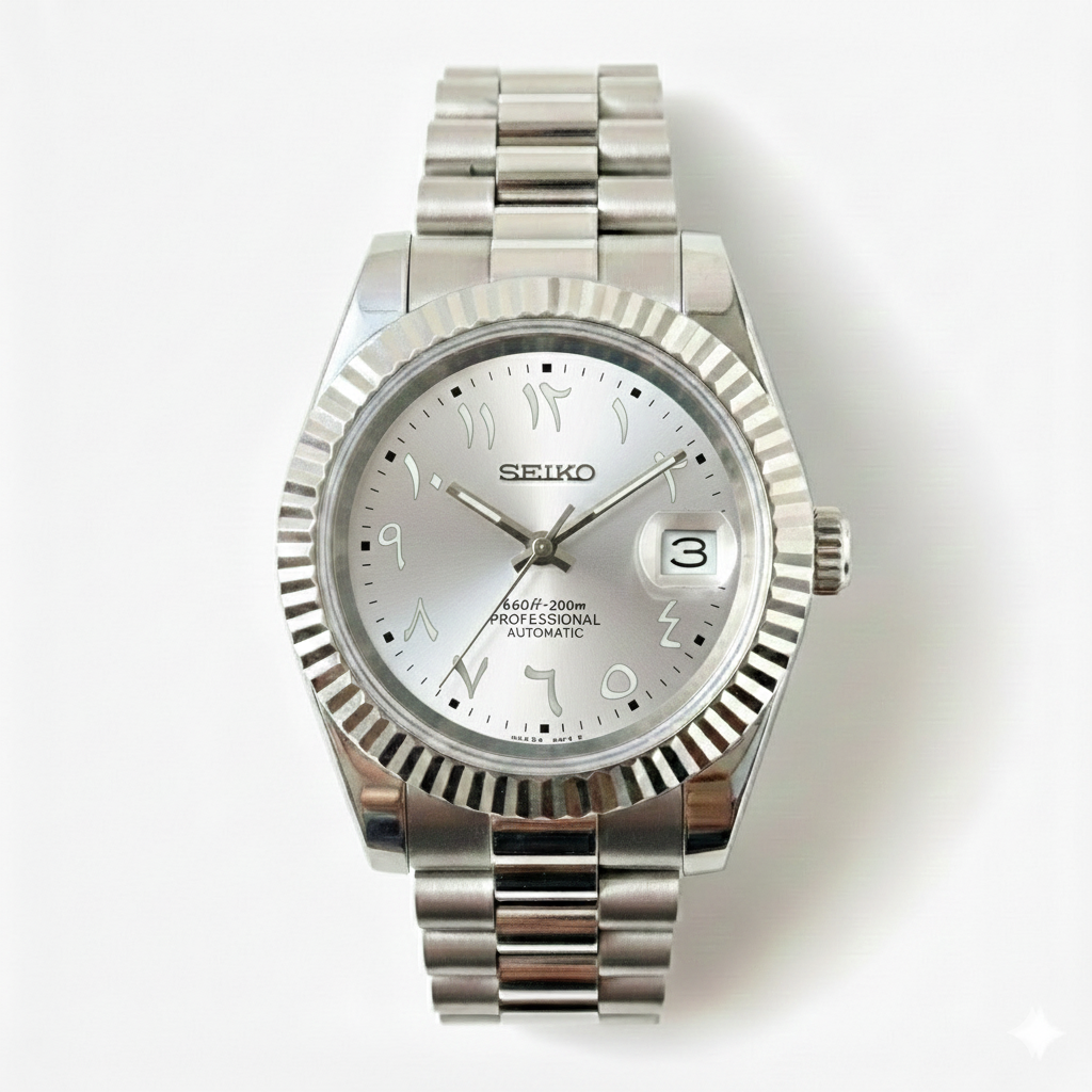 Custom NH35 Seiko Mod – Silvery White Arabic Dial – Presidential Bracelet