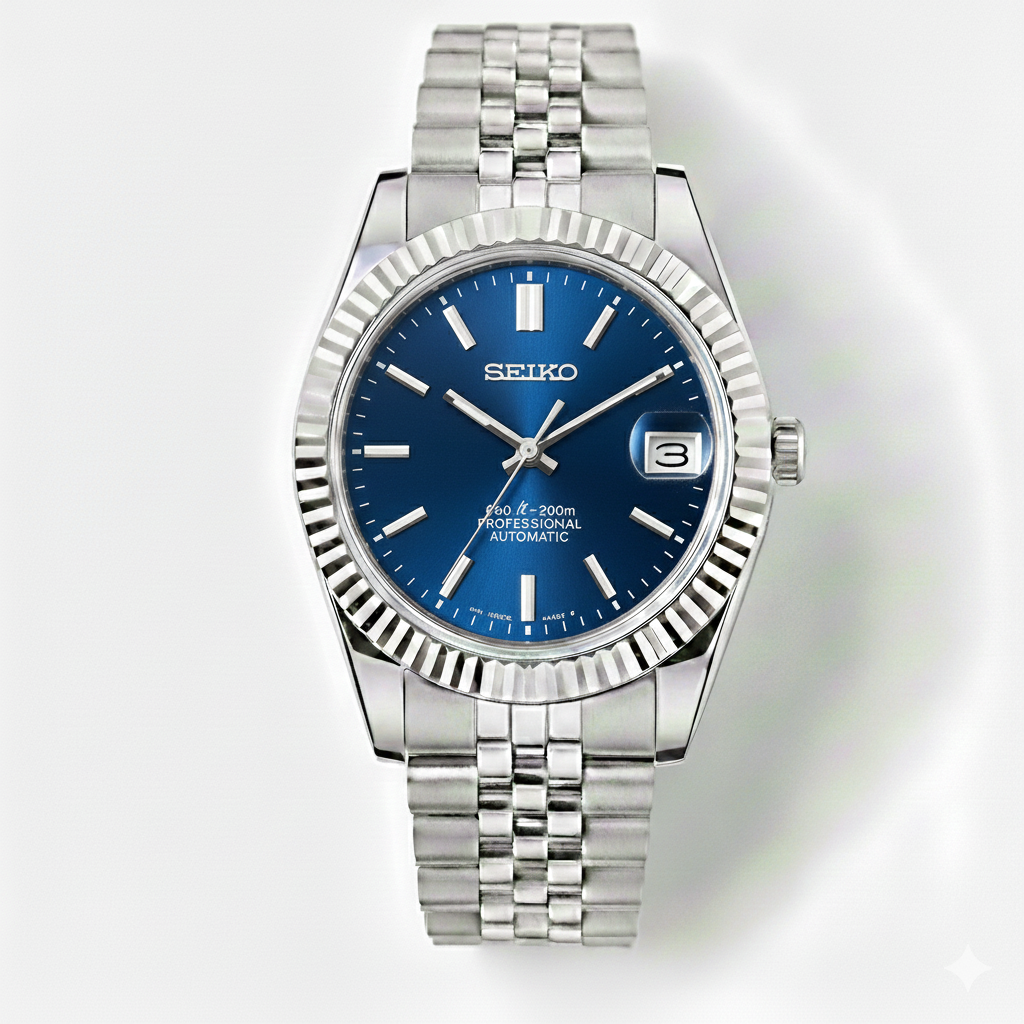 Custom NH35 Seiko Mod – Royal Blue Dial With Luminous Indices – Jubilee Bracelet