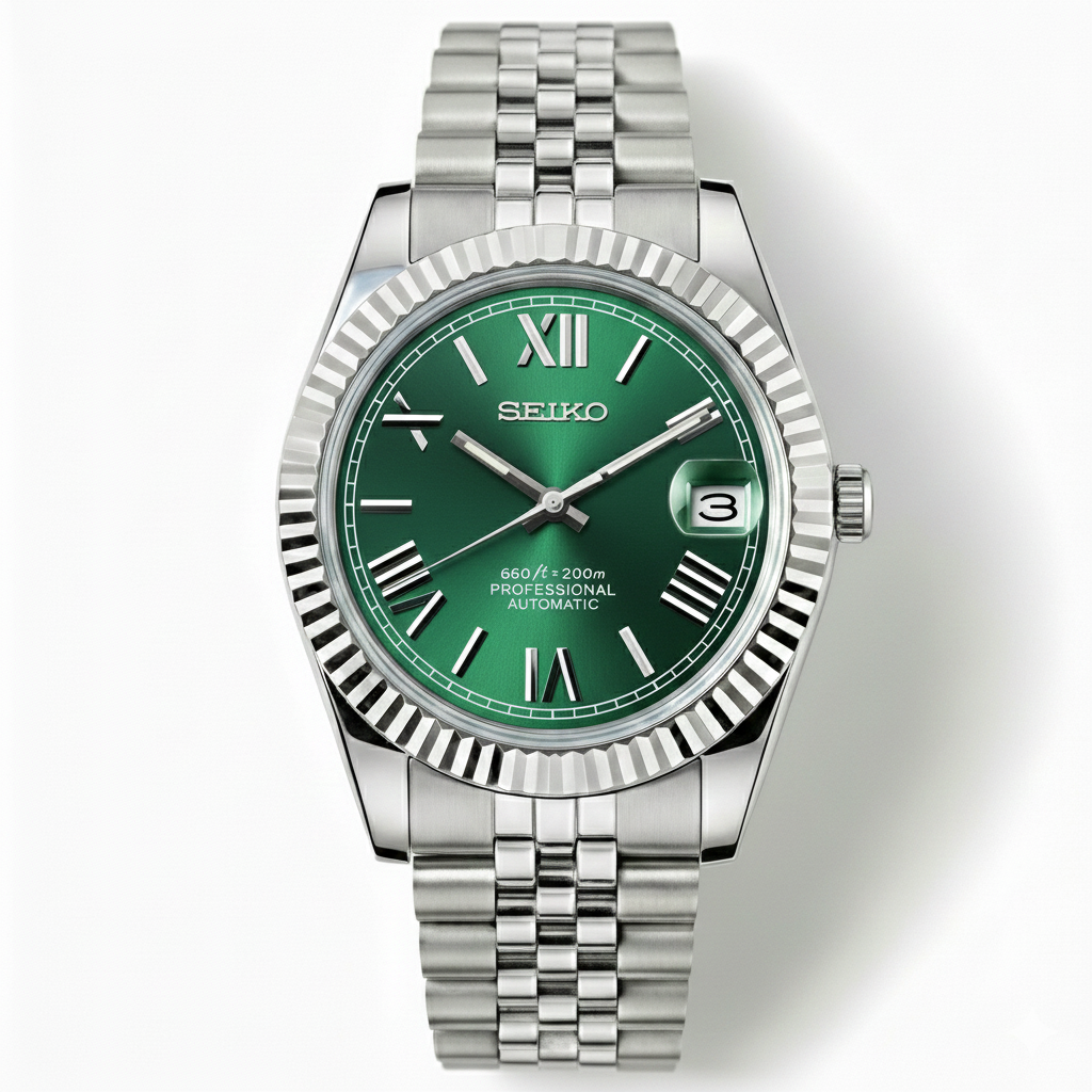 Custom NH35 Seiko Mod – Emerald Green Roman Numeral Dial – Jubilee Bracelet