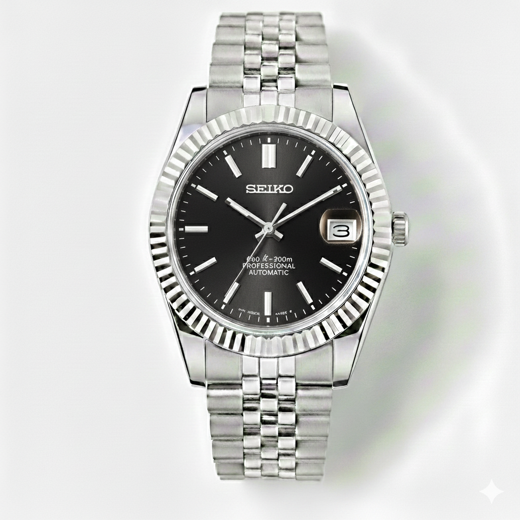 Custom NH35 Seiko Mod – Black Dial With Luminous Indices – Jubilee Bracelet