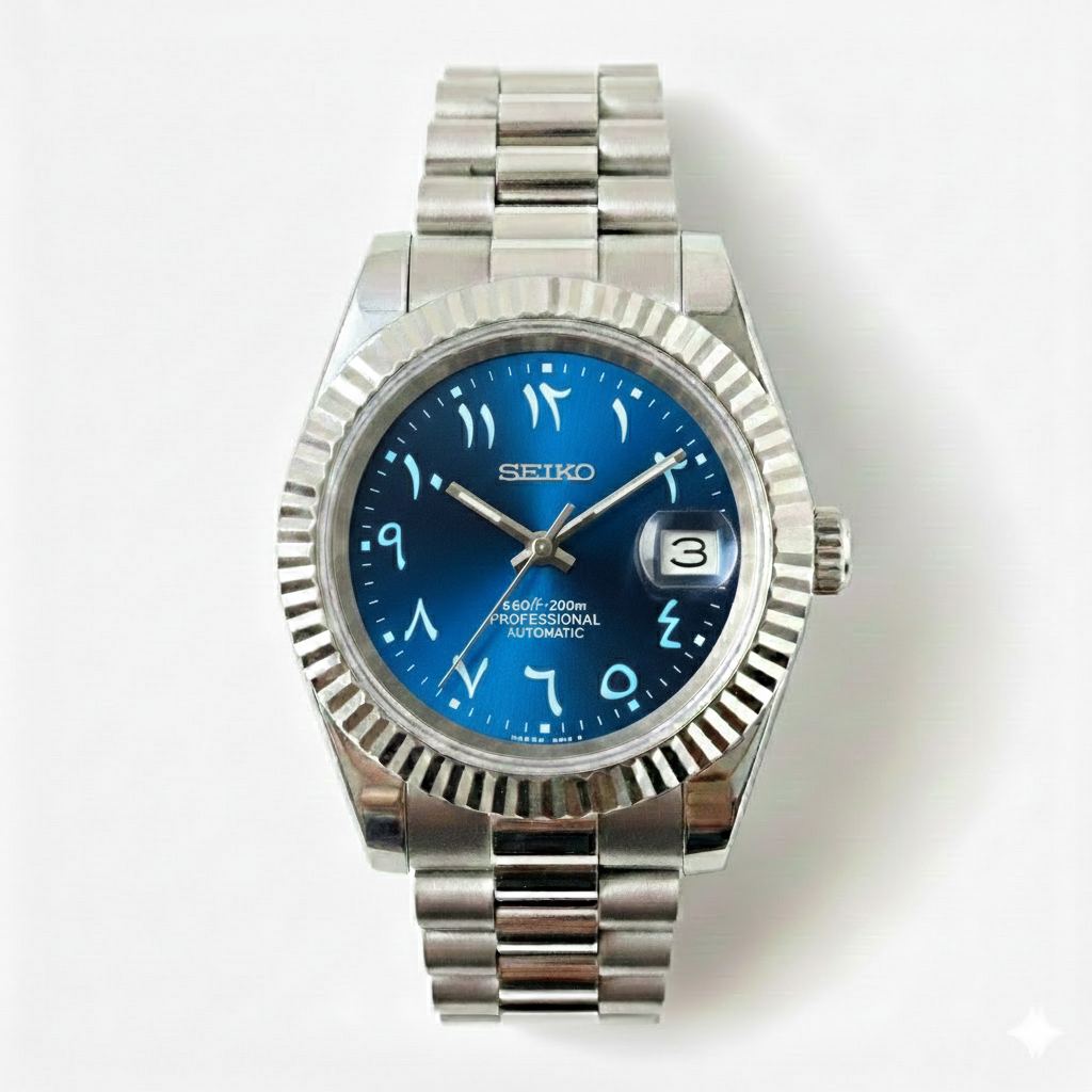 Custom NH35 Seiko Mod – Royal Blue Arabic Dial – Presidential Bracelet