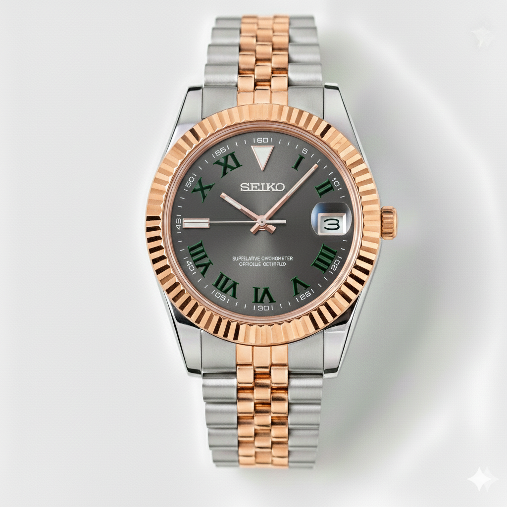Custom NH35 Seiko Mod – Grey Dial With Dark Green Roman Numerals – Two Tone Jubilee Bracelet