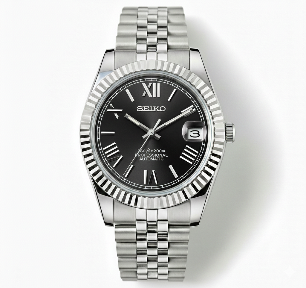 Custom NH35 Seiko Mod – Black Roman Numeral Dial – Jubilee Bracelet
