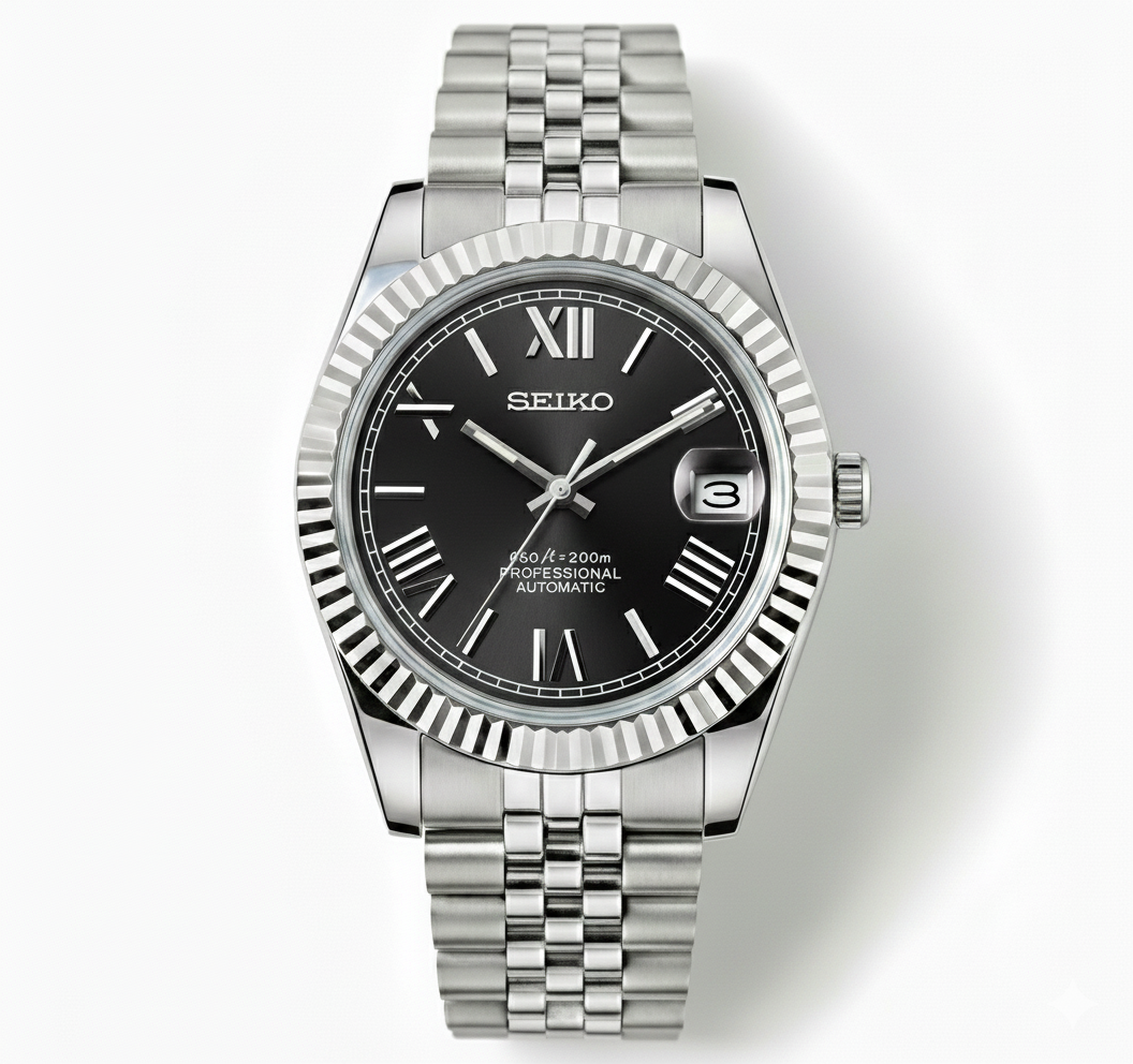 Custom NH35 Seiko Mod – Black Roman Numeral Dial – Jubilee Bracelet